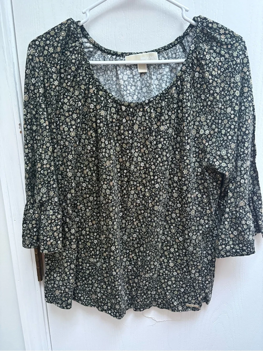 Michael Kors Black Floral Peasant Blouse with Bell Sleeves